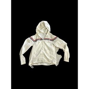 J Galt Jacket WhiteCrop Hooded Women's Small Windbreaker Red Stripe Zip Nylon